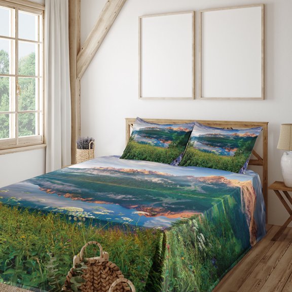 Ambesonne Mountain Fitted & Top Sheet Set with Shams, Sunny Summer Morning, Multicolor