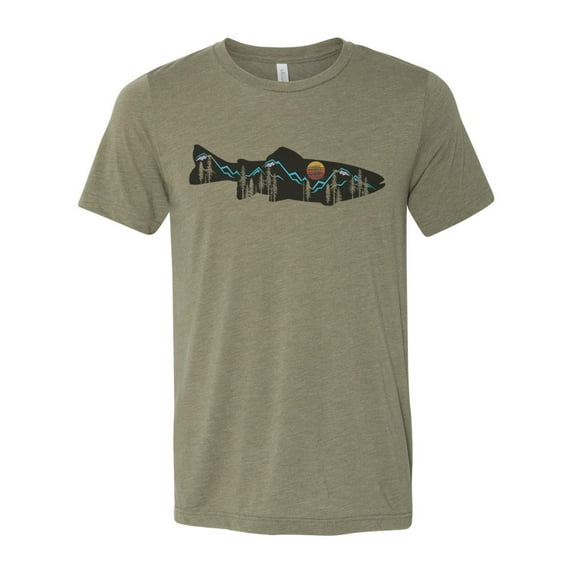 "Mountain Shirt, Mountain Trout, Trout Fishing Shirt, Fly Fishing Tee, Unisex, Soft Bella Canvas, Fly Fish, Mountains, Hunting and Fishing, Heather Olive, MEDIUM"