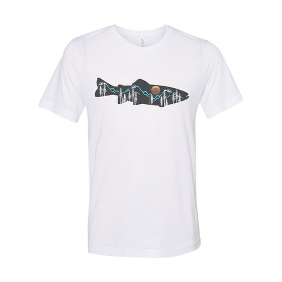 "Mountain Shirt, Mountain Trout, Trout Fishing Shirt, Fly Fishing Tee, Unisex, Soft Bella Canvas, Fly Fish, Mountains, Hunting and Fishing, White, 2XL"