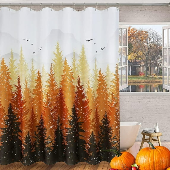 Mountain Shower Curtain Forest Nature Tree Plant Fall Fabric Shower Curtain for Bathroom Water Repellent Shower Curtain Bathtubs Hotel, 72 x 72 inch, Autumn Yellow