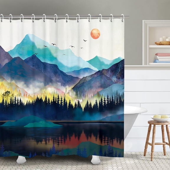 Mountain Shower Curtain Misty Forest Shower Curtain Nature Shower Curtain, Watercolor Shower Curtain Teal Landscape Sunset Trees Lake Cool Art Shower Curtains for Bathroom, 72" x 72" Inches