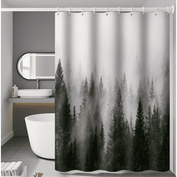 Mountain Shower Curtain Misty Forest Tree Foggy Shower Curtain for Bathroom with Hooks Cool Nature Scenery Landscape Bathtub Decor 70 inch Design Art Shower Curtain Waterproof Fabric