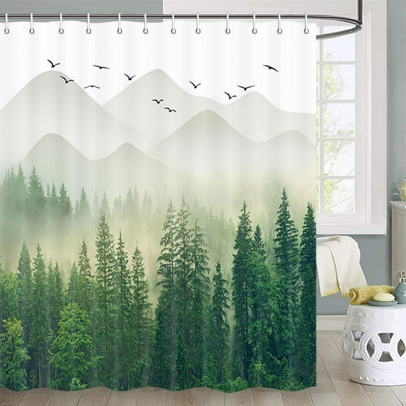 Mountain Shower Curtain, Nature Forest Shower Curtains for Bathroom, Rustic Woodland Bathtub Curtain Men Bath Decor, Waterproof Polyester Fabric with Hooks (Green Pine Tree Landscape,72x72in)