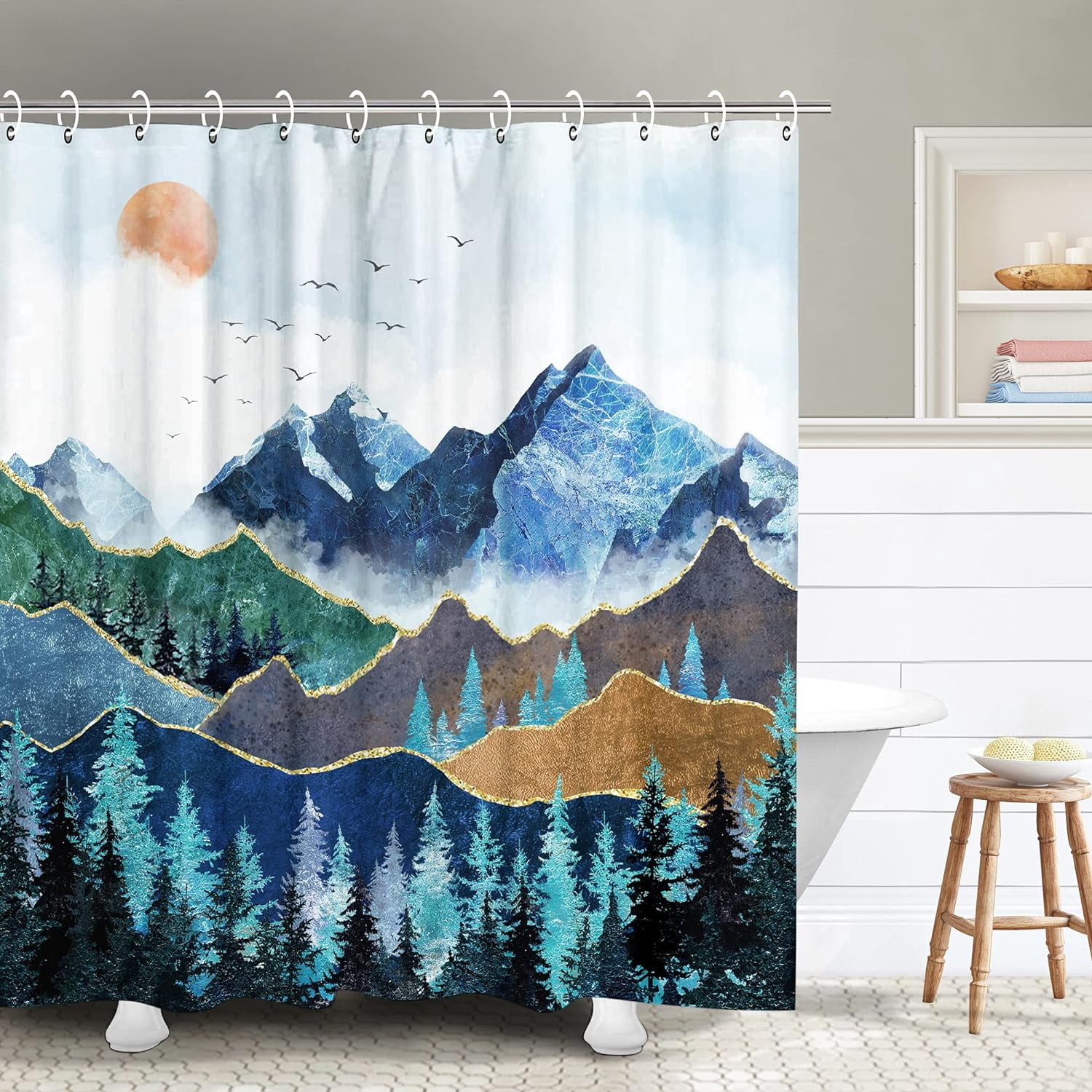 Mountain Shower Curtain, Nature Shower Curtain Blue Shower Curtain Set