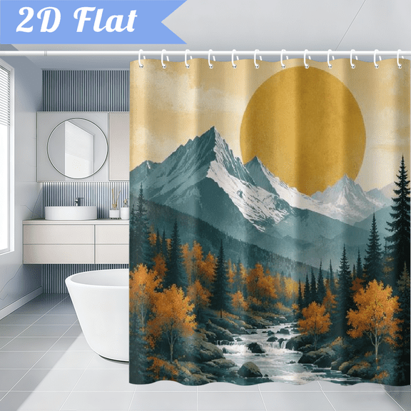 Mountain Shower Curtain with Rustic Sun Sunrise Sunset Pine Tree Woodland Lake Landscape Scenery Nature Fabric Waterproof Polyester 71x71inch with Hooks