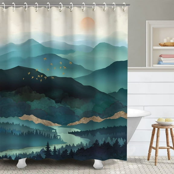 Mountain Shower Curtain, Teal Shower Curtain for Bathroom, Cool Shower Curtain Nature Shower Curtain Hooks, Watercolor Misty Forest Sun Sunset Landscape Shower Curtain, 72Wx72H Inch
