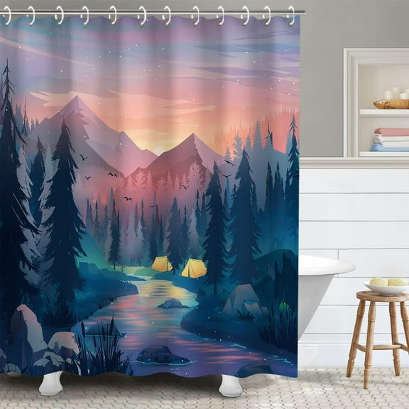 Mountain Shower Curtain, Teal Shower Curtain for Bathroom, Cool Shower Curtain Nature Shower Curtain Hooks, Watercolor Misty Forest Sun Sunset Landscape Shower Curtain, 72Wx72H Inch