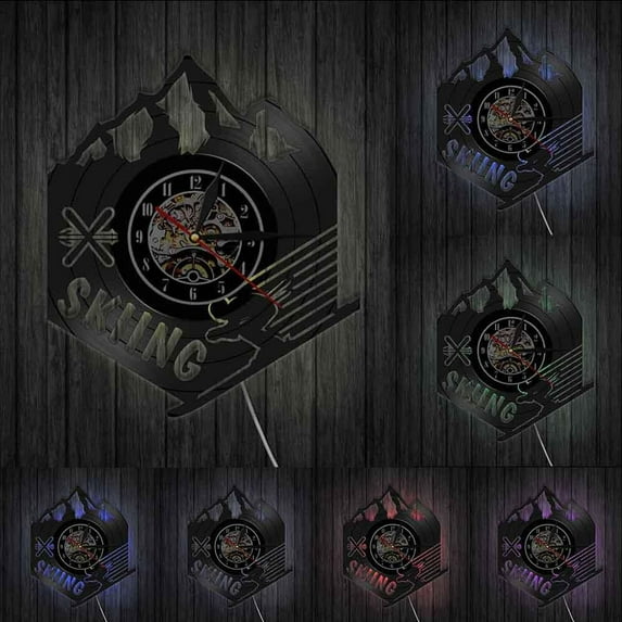 Mountain Skiing Sign Wall Clock Skier Extreme Winter Sports Decoration Ski Vinyl Record Wall Clock Skiing Decorative Clock Watch