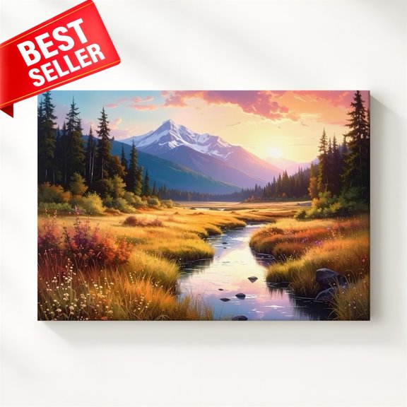 Mountain Sky Golden Glowing Stream Peak Twilight Landscape Wall Art, Living Room And Gallery Wall Decor