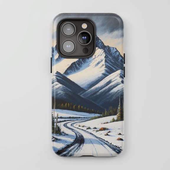 Mountain Snowy Road For All iPhone Series Tough Phone Case Oil Painting Winter Scene Blue White
