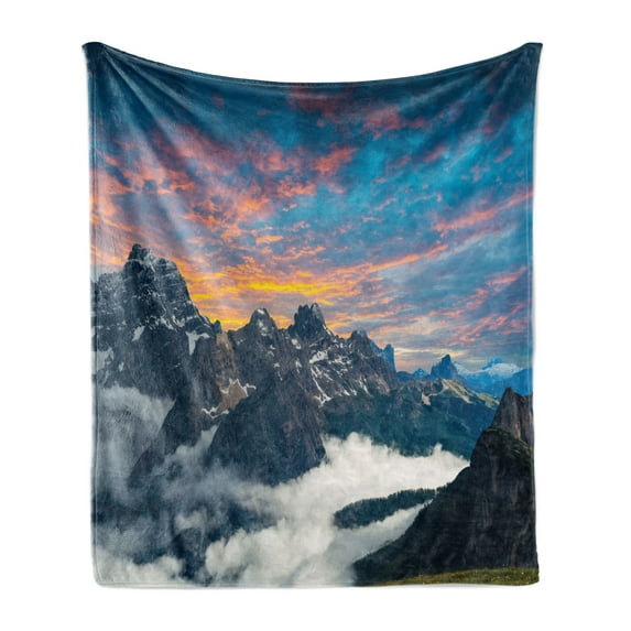Mountain Soft Flannel Fleece Blanket, Alpine Scenery Foggy Italian Natural Park Vivid Sky Above Clouds Photography, Cozy Plush for Indoor and Outdoor Use, 50" x 70", Black White Blue, by Ambesonne