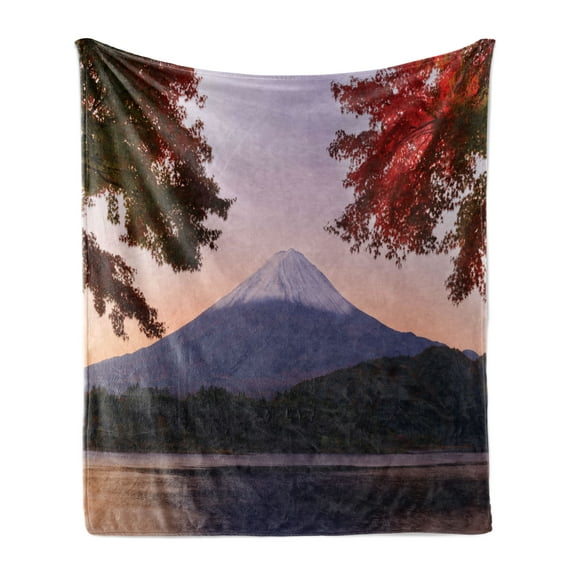 Mountain Soft Flannel Fleece Blanket, Autumn Scenery of Hill Mountain and Lake Kawaguchi Fall Leafy Trees Photo in Dusk, Cozy Plush for Indoor and Outdoor Use, 50" x 70", Multicolor, by Ambesonne