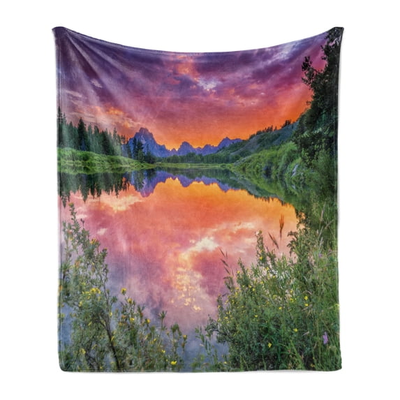 Mountain Soft Flannel Fleece Blanket, Colorful Sunset Reflection on River Nature Meadow in Wyoming Photography, Cozy Plush for Indoor and Outdoor Use, 70" x 90", Orange Green Purple, by Ambesonne