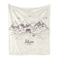 thumbnail image 1 of Mountain Soft Flannel Fleece Blanket, Doodle Mountains with a House and Deer Nature My Home Theme Sunrise Scenery, Cozy Plush for Indoor and Outdoor Use, 60" x 80", Ivory Mauve Taupe, by Ambesonne, 1 of 5