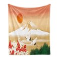 thumbnail image 1 of Mountain Soft Flannel Fleece Blanket, Graphical Interpretation of Landscape in Japan with Birds Flying High, Cozy Plush for Indoor and Outdoor Use, 60" x 80", Pale Camel Multicolor, by Ambesonne, 1 of 5