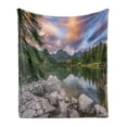 thumbnail image 1 of Mountain Soft Flannel Fleece Blanket, Idyllic View with Tree on Still Lake Surrounded by Mountains and Moody Sky Image, Cozy Plush for Indoor and Outdoor Use, 50" x 70", Multicolor, by Ambesonne, 1 of 5