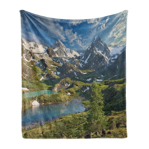Mountain Soft Flannel Fleece Blanket, Lake Between Snowy Altai Range of Mountains Siberia Meadow Natural Artwork Print, Cozy Plush for Indoor and Outdoor Use, 50" x 60", Multicolor, by Ambesonne