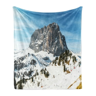 Mountain Soft Flannel Fleece Blanket, Majestic Mountain Northerns Italy European Mediterranean Snowy Peak Nature, Cozy Plush for Indoor and Outdoor Use, 70" x 90", Brown Blue White, by Ambesonne