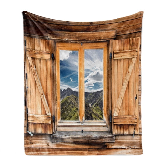 Mountain Soft Flannel Fleece Blanket, Mountain and Sky View Wooden Shuttered Window Room on Top of the Hills Nature Look, Cozy Plush for Indoor and Outdoor Use, 50" x 70", Multicolor, by Ambesonne
