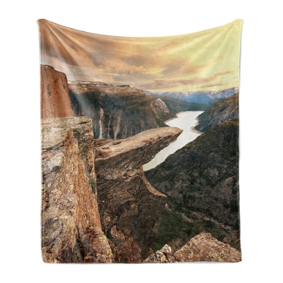 Mountain Soft Flannel Fleece Blanket, Northern Mountains Canyon Landscape with Calm River in Norway Scenic Nature Tops, Cozy Plush for Indoor and Outdoor Use, 60" x 80", Brown Green, by Ambesonne