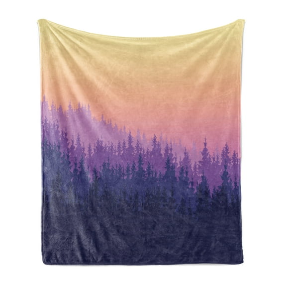 Mountain Soft Flannel Fleece Blanket, Picturesque Hills Along Pines in Pastel Fantasy Foggy Forest Sunrise, Cozy Plush for Indoor and Outdoor Use, 60" x 80", Violet Dark Purple Peach, by Ambesonne