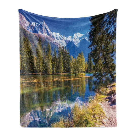 Mountain Soft Flannel Fleece Blanket, Snow Covered Alps Peaks Fir Trees in Lake Natural Paradise European Scenery, Cozy Plush for Indoor and Outdoor Use, 70" x 90", Green White Blue, by Ambesonne