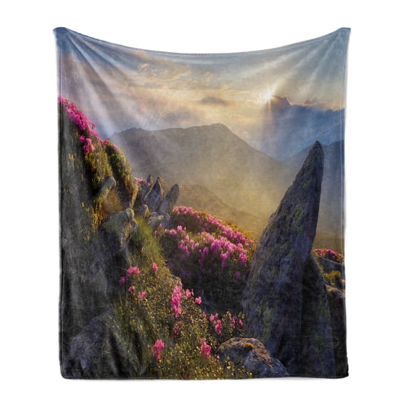 Mountain Soft Flannel Fleece Blanket, Sunrise in Valley Meadow with Rhododendrons Wildlife Idyllic Rural Scenery, Cozy Plush for Indoor and Outdoor Use, 50" x 60", Yellow Green Pink, by Ambesonne