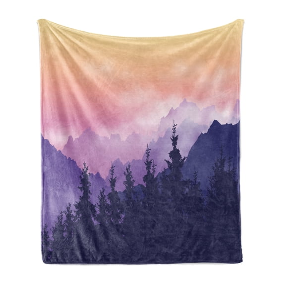 Mountain Soft Flannel Fleece Throw Blanket, High Hills Silhouette Picturesque View of Foggy Peaks of Forest Land, Cozy Plush for Indoor and Outdoor Use, 70" x 90", Dark Purple and Peach, by Ambesonne
