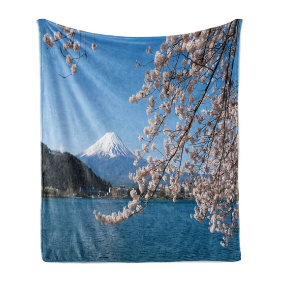Mountain Soft Flannel Fleece Throw Blanket, Japan Heritage Mountain with Lake and Cherry Blossoms Scenery Photo, Cozy Plush for Indoor and Outdoor Use, 70" x 90", Multicolor, by Ambesonne
