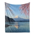 thumbnail image 1 of Mountain Soft Flannel Fleece Throw Blanket, Japanese Mountain with Snowy Peak with Spring Cherry Blossom Branches Lake, Cozy Plush for Indoor and Outdoor Use, 70" x 90", Multicolor, by Ambesonne, 1 of 5