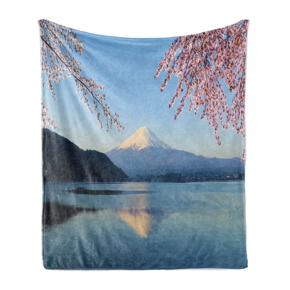 Mountain Soft Flannel Fleece Throw Blanket, Japanese Mountain with Snowy Peak with Spring Cherry Blossom Branches Lake, Cozy Plush for Indoor and Outdoor Use, 70" x 90", Multicolor, by Ambesonne