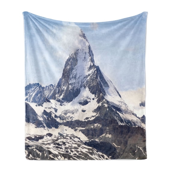 Mountain Soft Flannel Fleece Throw Blanket, Matterhorn Summit Clouds Hill Scenery Glacier Natural Beauty Image Print, Cozy Plush for Indoor and Outdoor Use, 70" x 90", Blue White Black, by Ambesonne