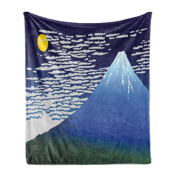 Mountain Soft Flannel Fleece Throw Blanket, Nighttime Illustration of Mountain with Clouds and Moon, Cozy Plush for Indoor and Outdoor Use, 50" x 70", Yellow Indigo, by Ambesonne