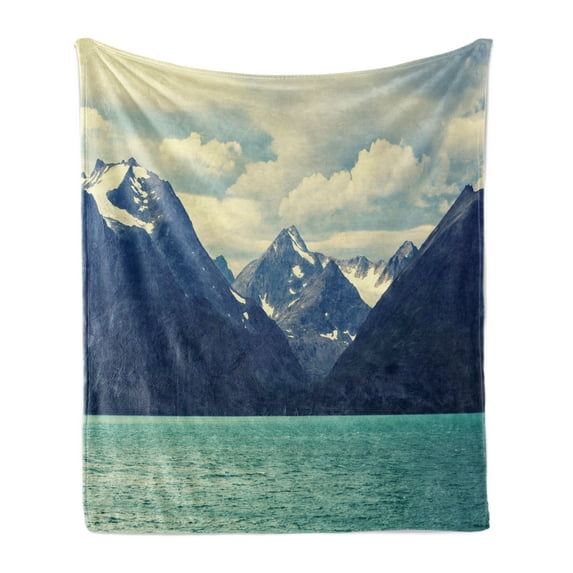 Mountain Soft Flannel Fleece Throw Blanket, Northern Norway Atlantic Coastline Fishing Harbor Snowy Nature, Cozy Plush for Indoor and Outdoor Use, 60" x 80", Almond Green Dark Blue, by Ambesonne