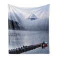 thumbnail image 1 of Mountain Soft Flannel Fleece Throw Blanket, Mountain Peaks Foggy Clouds over Kawaguchi Lake Hazy, Cozy Plush for Indoor and Outdoor Use, 60" x 80", Blue Grey, by Ambesonne, 1 of 5