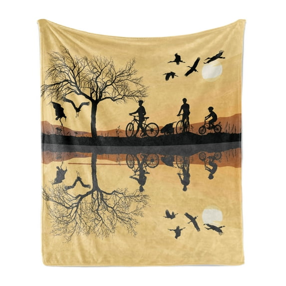 Mountain Soft Flannel Fleece Throw Blanket, Silhouette of Strokes and a Family with Bicycles near a Lakeside, Cozy Plush for Indoor and Outdoor Use, 70" x 90", Earth Yellow Black Brown, by Ambesonne