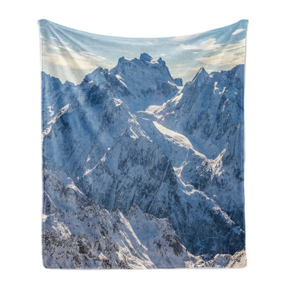 Mountain Soft Flannel Fleece Throw Blanket, Snowy Mountain Scene Under the Sky Winter Wilderness Untrodden Nature Print, Cozy Plush for Indoor and Outdoor Use, 50" x 60", White and Blue, by Ambesonne