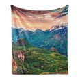 thumbnail image 1 of Mountain Soft Flannel Fleece Throw Blanket, Summer Morning of Grossglockner High Alpine Road Austrian Dramatic Sunset, Cozy Plush for Indoor and Outdoor Use, 50" x 60", Coral Teal Green, by Ambesonne, 1 of 5