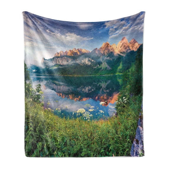 Mountain Soft Flannel Fleece Throw Blanket, Sunny Summer Morning on Lake Austrian Alps Crystal Mirroring Water Fairy Season, Cozy Plush for Indoor and Outdoor Use, 50" x 70", Multicolor, by Ambesonne