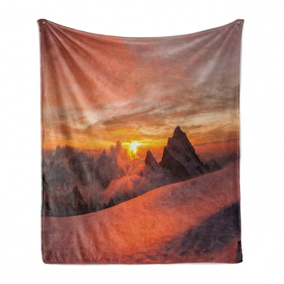 Mountain Soft Flannel Fleece Throw Blanket, Sunrise in Swiss Alps with View of Mountain Natural Paradise Theme, Cozy Plush for Indoor and Outdoor Use, 50" x 60", White and Yellow, by Ambesonne