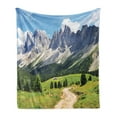 thumbnail image 1 of Mountain Soft Flannel Fleece Throw Blanket, Winding Path into the Pine Tree Forest Meadows and Mountain Scenery Print, Cozy Plush for Indoor and Outdoor Use, 60" x 80", Green White Blue, by Ambesonne, 1 of 5