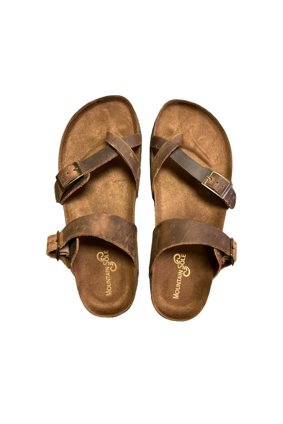 Easy Slip-On Two Adjustable Buckles Ladies Leather Sandal (Brown, 6)