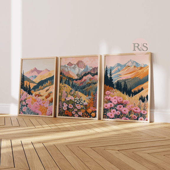 Mountain Spring Wildflower Floral Landscape Poster Set , Poster Only