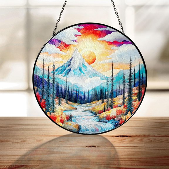 Mountain Stained Glass Suncatcher for Window Hanging, Natural Landscape Mountains and Forests Glass Window Hanging Wall Decor for Bedroom Office Home Decoration