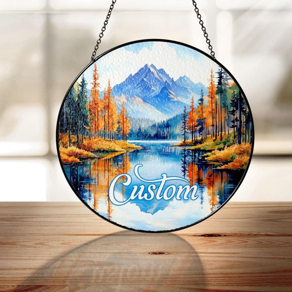 Mountain Stained Glass Suncatcher for Window Hanging, Natural Landscape Mountains and Forests Glass Window Hanging Wall Decor for Bedroom Office Home Decoration