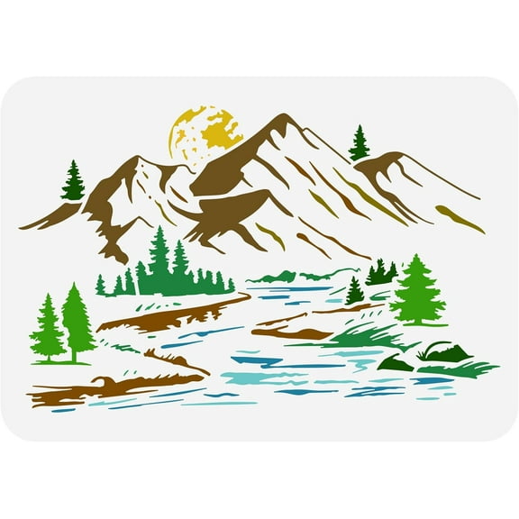 Mountain Stencil 8.3x11.7inch Reusable River Nature Scenery Painting Template DIY Craft Pine Tree Moon Landscape Decoration Stencil for Painting on Wood Wall Fabric FurnitureMixed Color