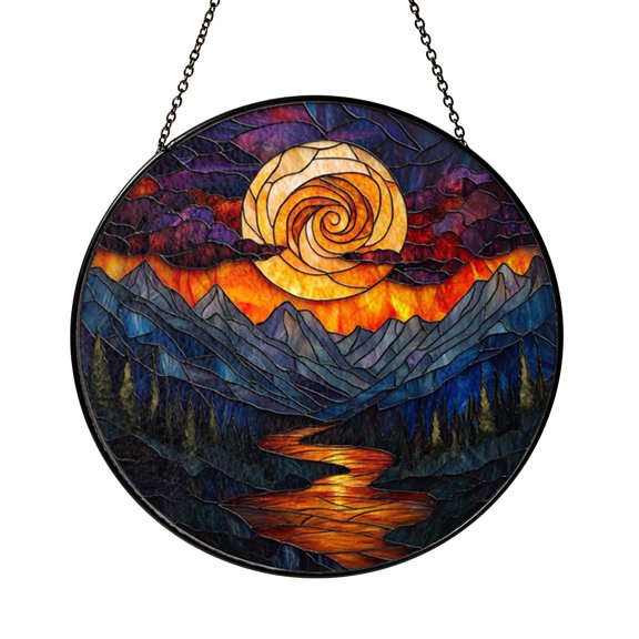 Mountain Storm Landscape Stained Glass Style Suncatcher, Fantasy Nature Scene Decorative Window Hanging Art Panel
