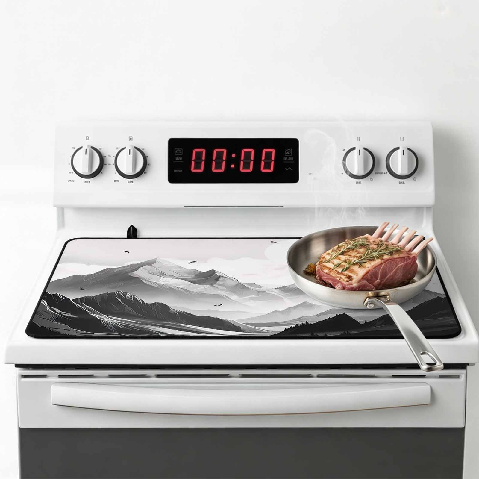 Mountain Stove Top Cover for Electric Stove, Heat-proof & Non Slip Glass Top Stove Cover Protector, Eagle Sky Cloud Black and White Landscape Kitchen Flat Cooktop Rubber Mat 24x21 Inches