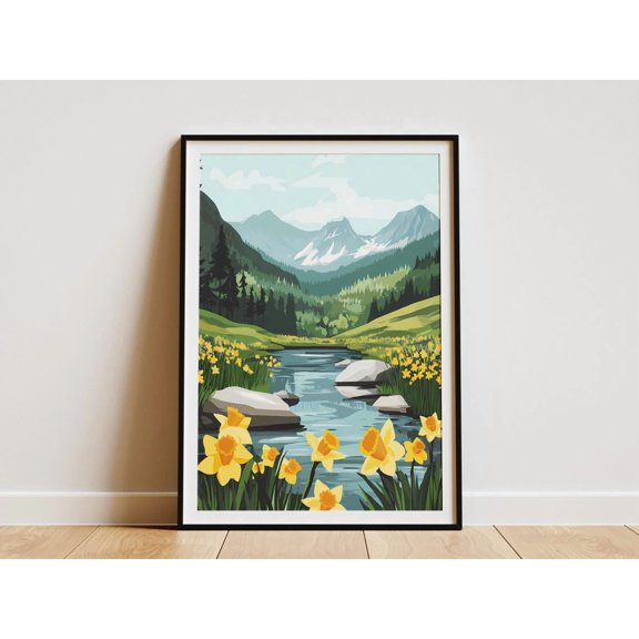 Mountain Stream Daffodils Spring Nature Yellow Flower Landscape Modern Botanical Floral Poster Unframed Paper Print