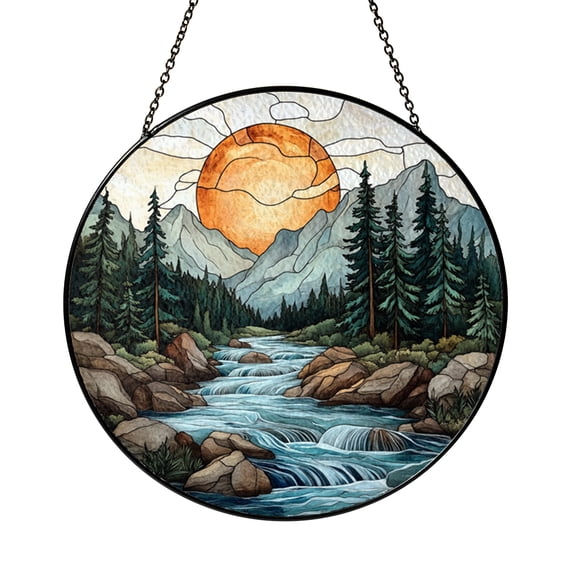 Mountain Stream Stained Glass Window Hanging, Nature Landscape Suncatcher Gift